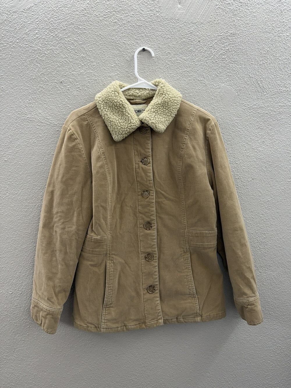 Cherokee Womens Jacket Size Small Brown Corduroy Button Up Sherpa Neckline